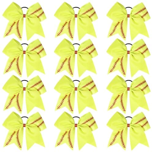 DEEKA 12 PCS Softball Cheer Bows with 2 Glitter Stitching Cheerleader Team Bows Elastic Band for Softball Sports Girls Neon YellowRed Stitching
