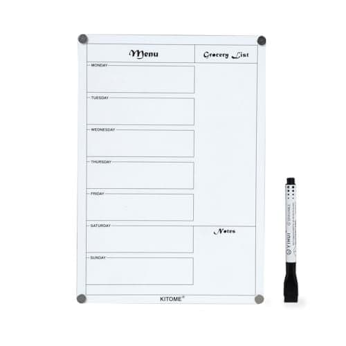 KITOME Magnetic Weekly Meal Planner for Fridge – 30x21cm Acrylic Dry Erase Whiteboard with Marker – Easy to Clean, Reusable Menu Board, Grocery List & to-Do Planner for Kitchen Organization
