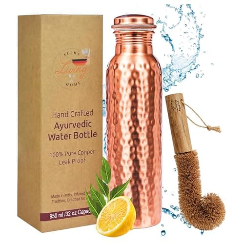 Alpha Living Home Copper Water Bottle 32 Oz Extra Large Real Copper Water Bottle Pure Drinking Bottle Hammered Ayurvedic Bottle for Drinking Water Leak Proof Vessel Cap with Cleaning Brush