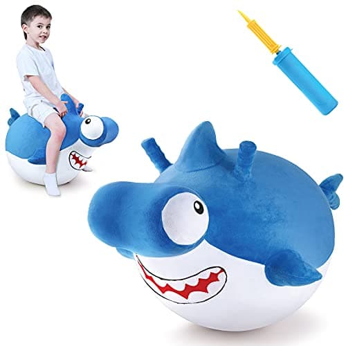 iPlay iLearn Bouncy Pals Kid Shark Bouncy Balls Toddler Hammer Head Shark Bouncing Ball WHandle Outside Ride Hopper Toy Outdoor Active Hopping Jumper Birthday Gift 2 3 4 5 6 Year Old Boy Girl