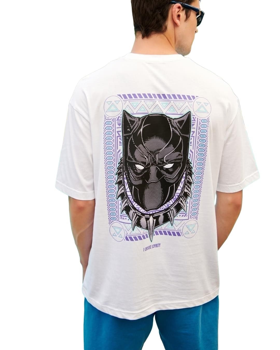 Bewakoof Men's King Black Panther Graphic Print Cotton T-Shirt- Oversized Fit, Round Neck, Half Sleeves 575344_White_2XL