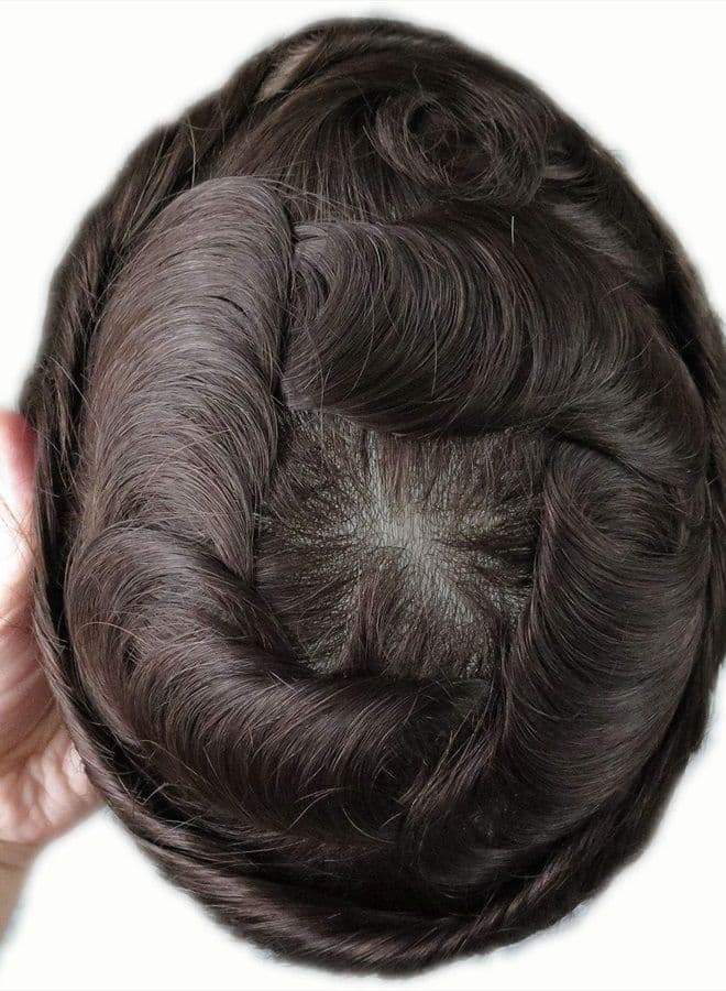Toupee for Men, Hair Pieces Mens Wigs Human Hair Replacement System Styles, 0.03mm Thin Skin V-looped Natual Hairline Dark Brown Hair #2