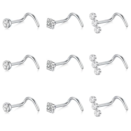 Mayhoop 20G Nose Rings Studs 316L Surgical Stainless Steel L Shape Bone Diamond Heart Corkscrew Nose Ring Nostril Piercing Jewelry for Women Men