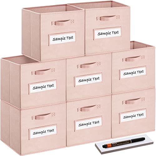 artsdi 13x13x13 storage cube bins(Set of 8) Fabric storage cubes with 8 Labels Window Cards & a Pen, storage cubes 13x13, Collapsible 13 inch cube storage bins, Cubby Boxes, Pink