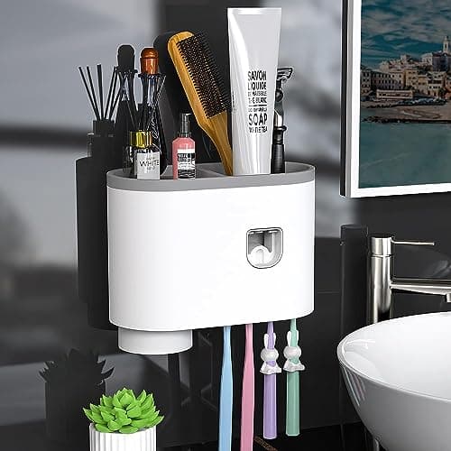 Brandshoppy Plastic Toothbrush Holder With Automatic Toothpaste Dispenser, Multi Space Saving Toothbrush Organizer With 2 Cups,4 Brush Slots No Drill Need (2 Cup)
