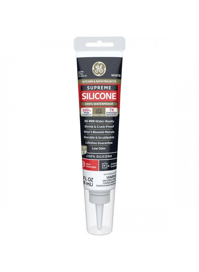 GE Supreme 100% Silicone 30 Min. Water-Ready caulk, 2.8 oz tube, White