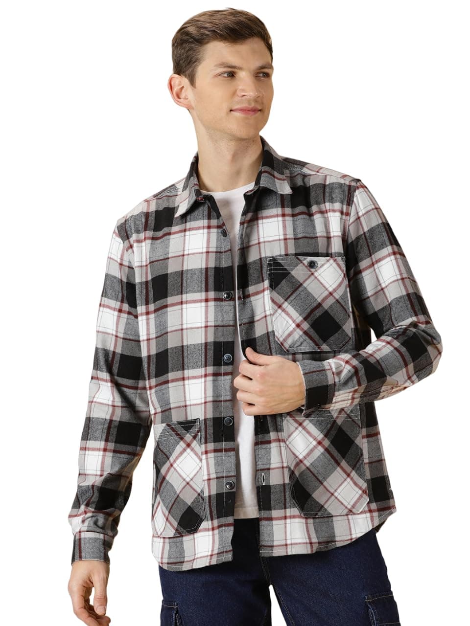 Thomas Scott Men Classic Spread Collar Long Sleeves Checkered Shacket (Black, Large)