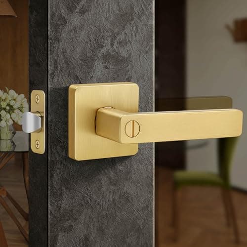 Moquin Brushed Gold Heavy Duty Privacy Door Lever with Lock, Square Gold Keyless Interior Door Lever, Satin Brass Finish Handle for Bathroom/Bedroom Door Lock