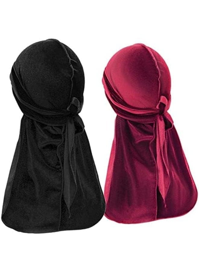 Velvet Bandana Hat, Wavy Bandana Pirate Hat Bandana with Extra Long Tail and Wide Straps, Sun Protection Quick Dry Breathable Design for Kids and Adults, Unisex Soft Bandana, 2 Pack