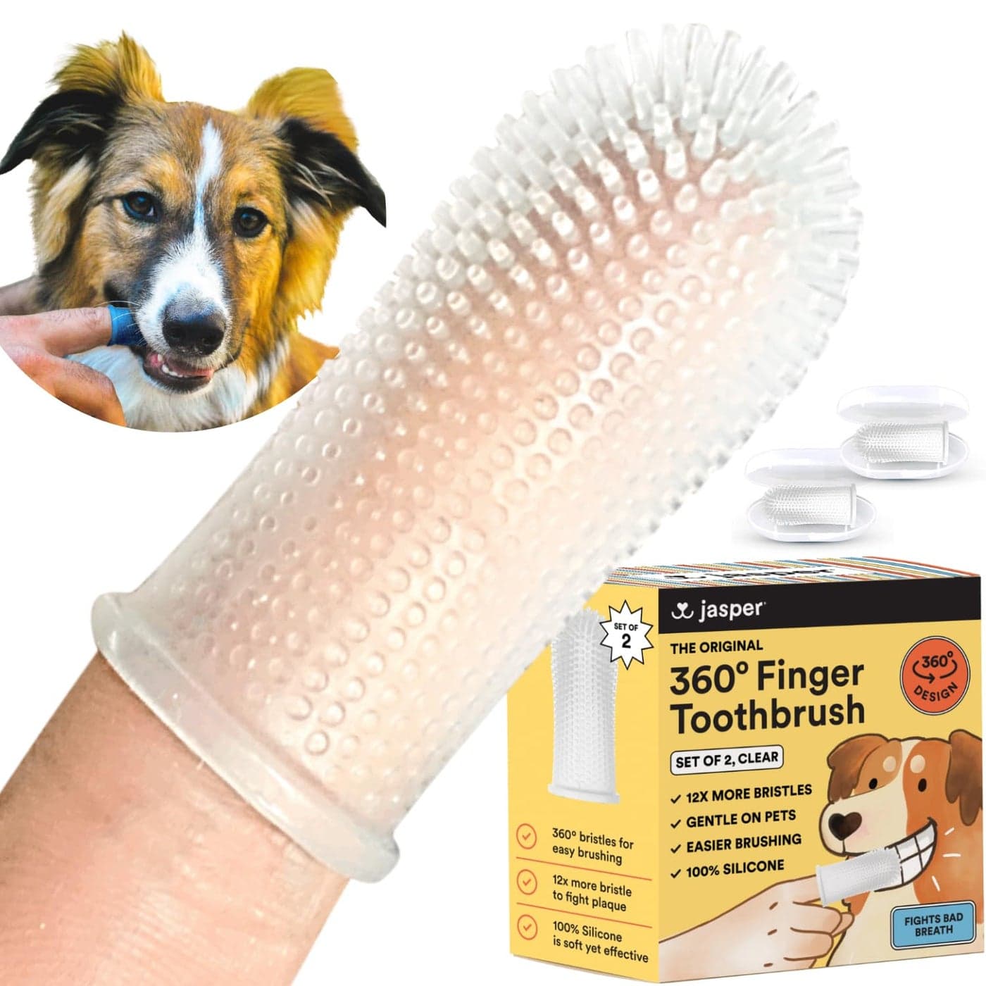 Jasper Dog Toothbrush, 360-Degree Silicone Dog Finger Toothbrush with Storage Cases, Dog Tooth Brushing Kit, Dog Teeth Cleaning Kit for Medium and Large Dogs, Use with Dog Toothpaste, 2-Pack Clear