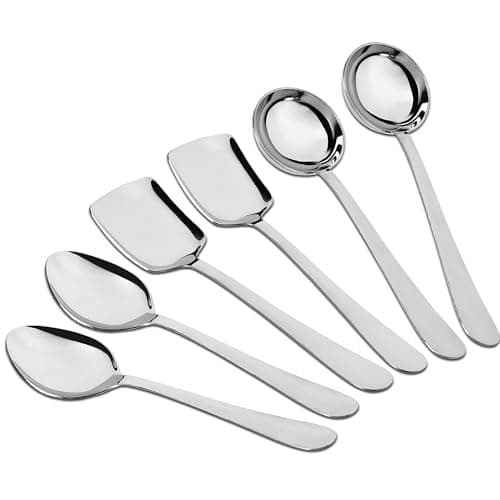 Parage 6 Pieces Stainless Steel Serving Spoons Set for Dining Table/Kitchen, 1.8 mm Heavy Gauge (2 Soup Ladle (Karchi), 2 Solid Spoon (Chamcha), 2 Rice Spoon), Silver (Pack of 6)