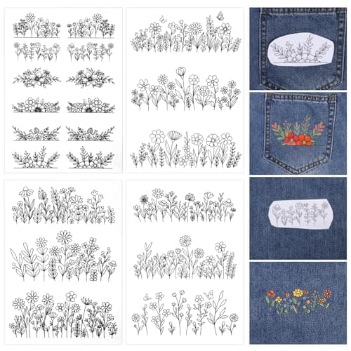 YBEATY 4 Sheets Water Soluble Stabilizer Embroidery Patterns Stick and Stitch Embroidery Flower Paper Floral Daisy Designs Wash Away Stabilizer Printable Draw Patterns for Hand Sewing Lover Beginners