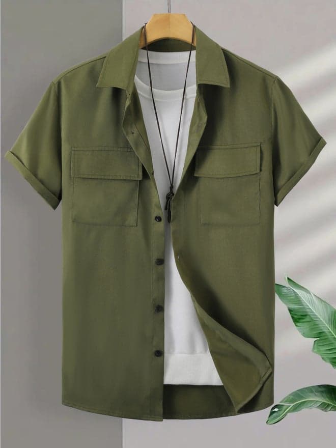 Men Khaki Short Sleeve Shirt with Pockets
