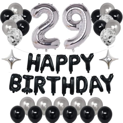 NANINUNENO 29th Black Silver Birthday Party Decorations for Men Women Happy 29 Birthday Party Supplies with Black Happy Birthday Banner Silver Foil Stars Happy Birthday Balloons for 29th Birthday
