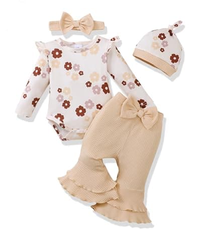 Renotemy Newborn Infant Baby Girl Clothes 0-3 Months Baby Girl Outfit Infant Ruffle Sleeve Romper Clothes Coming Home Newborn Essentials Outfits Gifts Khaki Bell Bottom Pants Bodysuit Clothing Set