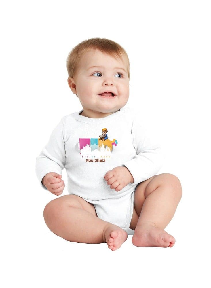 My First Eid Abu Dhabi Printed Outfit - Romper for Newborn Babies - Long Sleeve Cotton Baby Romper for Baby Boys - Celebrate Baby's First Eid in Style - Gift for New Parents