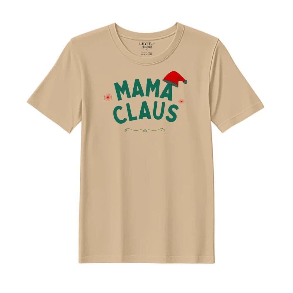BYFT Threads Large Beige Polycotton T-Shirt - Christmas "Mama Claus Hat" Printed Design, Premium Holiday Collection