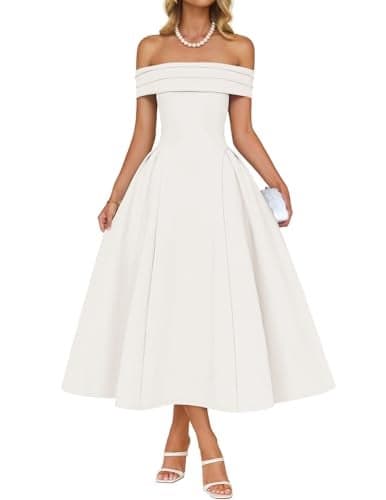 ZESICA Cocktail Dresses for Women's Elegant Off Shoulder Short Sleeve Swing A Line Wedding Evening Party Midi Dress,White,X-Large