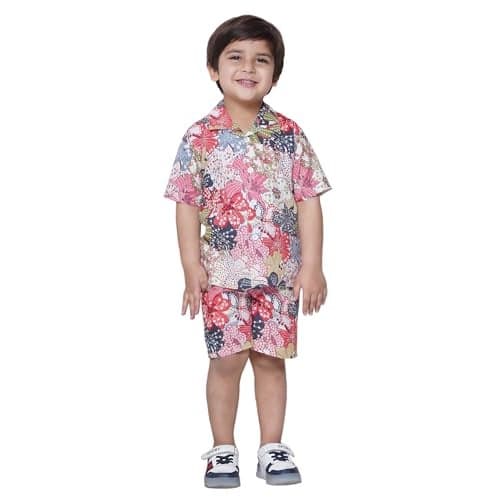 AJ DEZINES Kids Pink Color Cotton Shirt Shorts Half Sleeves Floral Printed CO-ORDS Set for Boys (CO-1002-PINK-1)
