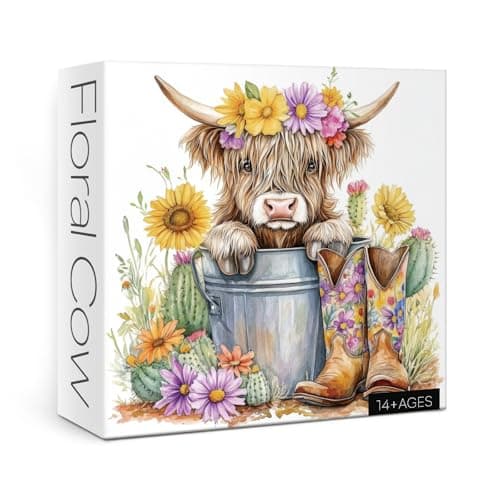 Highland Cow Sunflower Puzzle for Adults 1000 Pieces Cute Animal Flower Jigsaw Puzzle Colorful Cactus Floral Watercolor Painting Puzzle