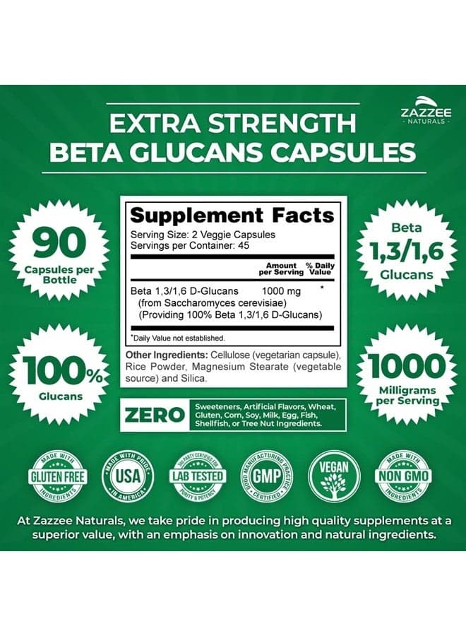 Extra Strength 1,3/1,6 Beta Glucans 1000 mg, 100% Glucan Content, 90 Vegan Capsules, Supports a Healthy Immune System, Non-GMO and All-Natural