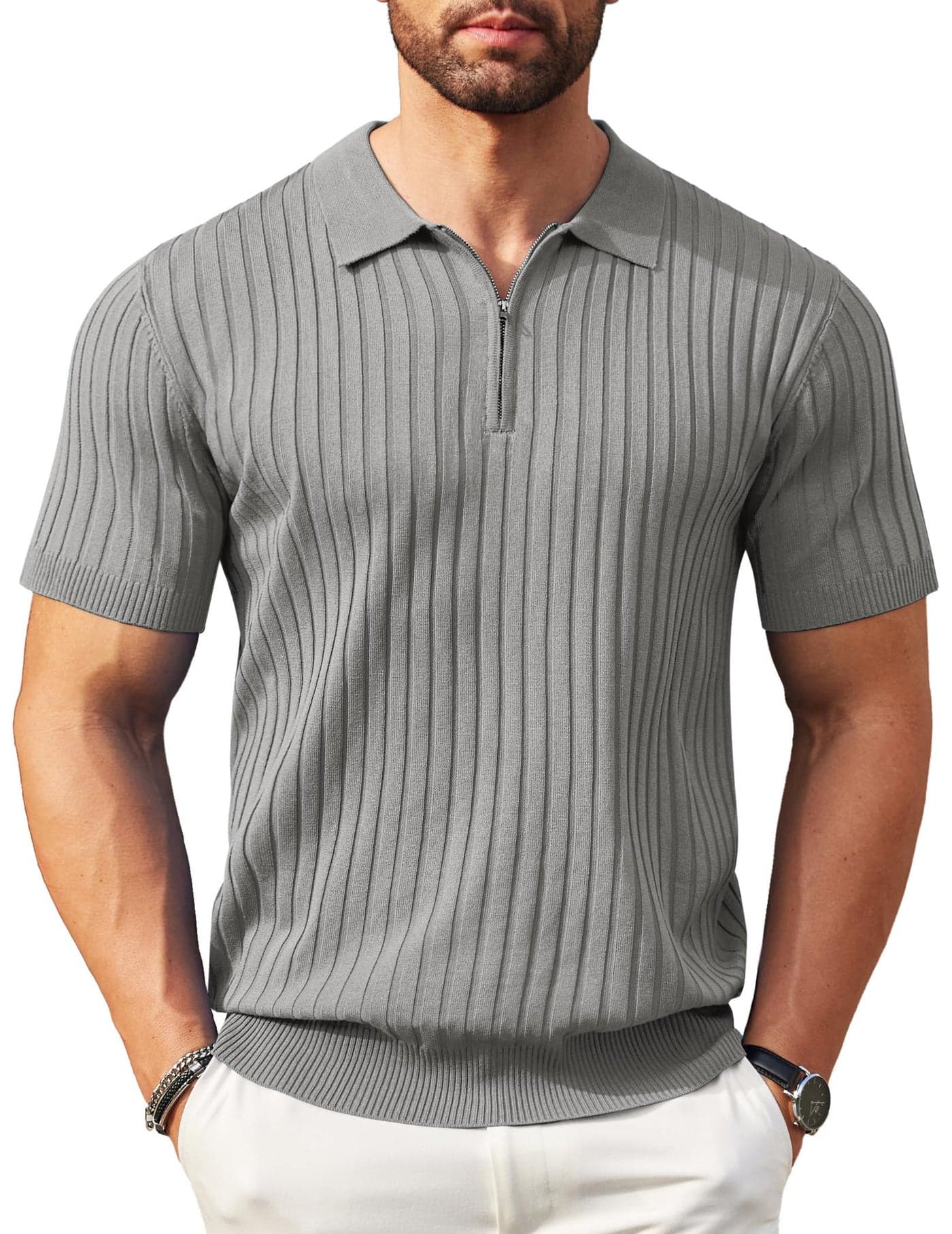 COOFANDY Men's Zipper Polo Shirts Short Sleeve Ribbed Knit Polo T Shirts Fashion Casual Golf Shirts Light Grey