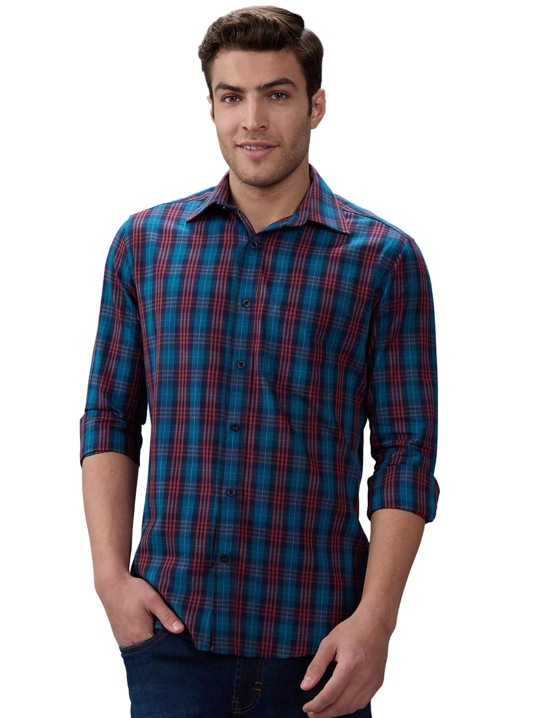 KENNETH COLE New York Men's Pure Cotton Tartan Checks Premium Casual Shirt - Blue, Slim Fit, Long Sleeves, Spread Collar, Chest Pocket