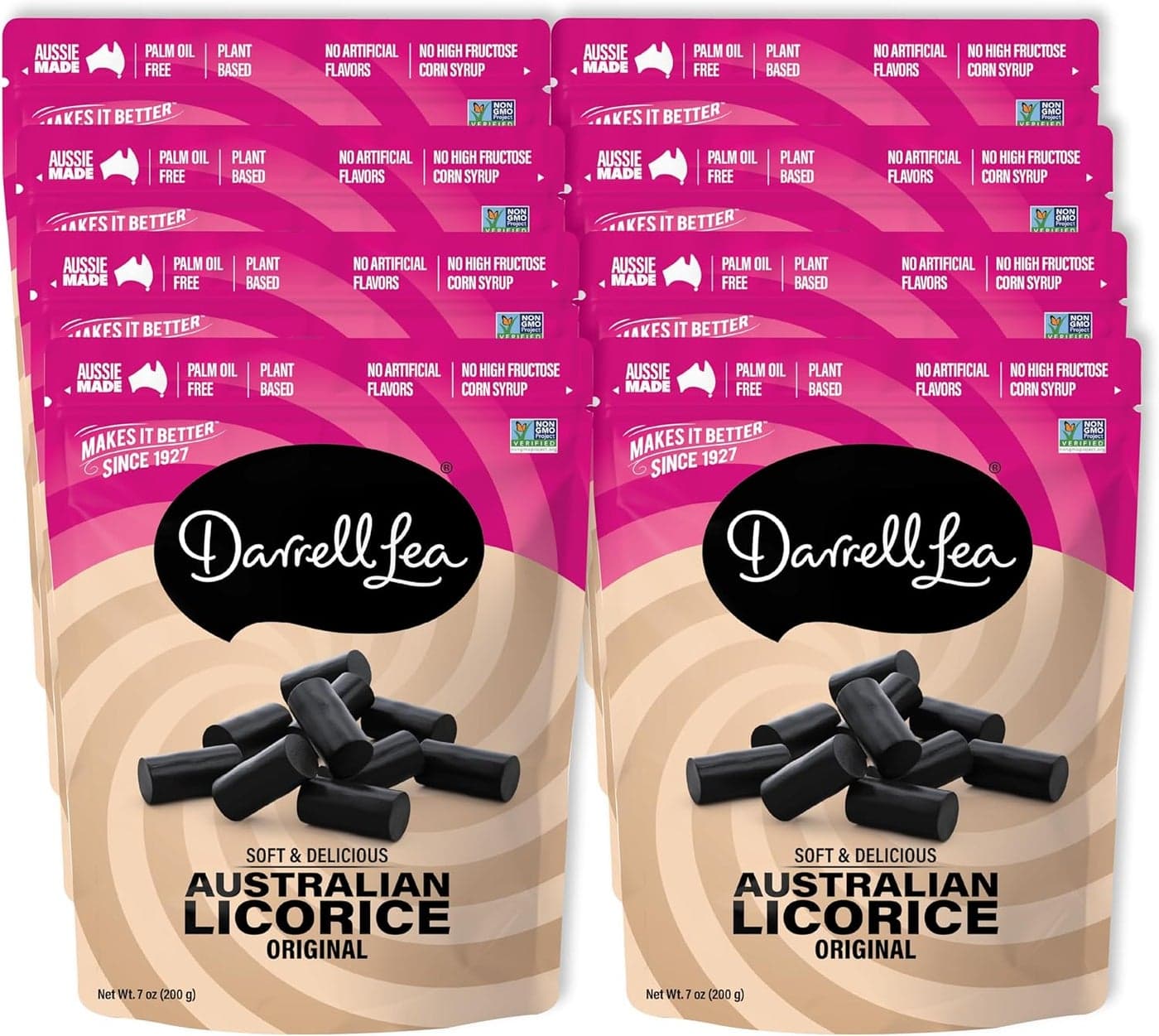 Darrell Lea Soft Australian Licorice - Original Black, Non-GMO, Plant Based, 7 Ounce (Pack of 8)