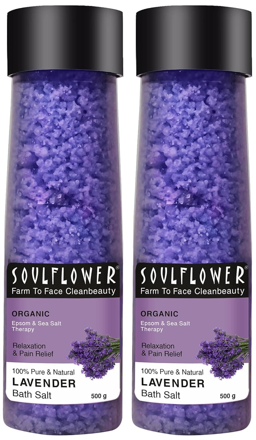 Soulflower Epsom Lavender Bath Salt for Skin Cleansing Body Foot Spa Muscle Relief Ultimate Cleanser to Condition Soothe Your Skin 100 Natural Pure clinically Tested Pack of 2 500g Each