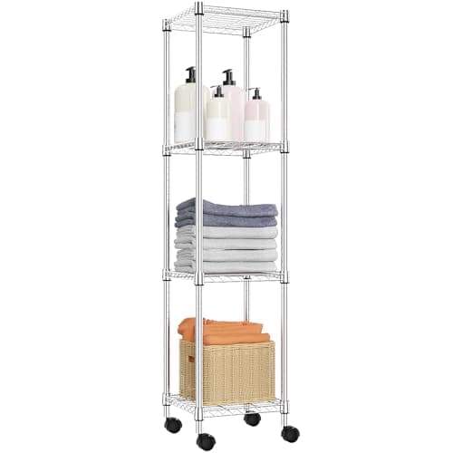 M MZG Storage Shelves Adjustable, 4 Tier Shelving Units for Storage with Wheels, Corrosion Resistant Wire Shelving Unit for Kitchen Closet Bathroom Office, Chrome 11.8" D x 11.8" W x 48.1" H