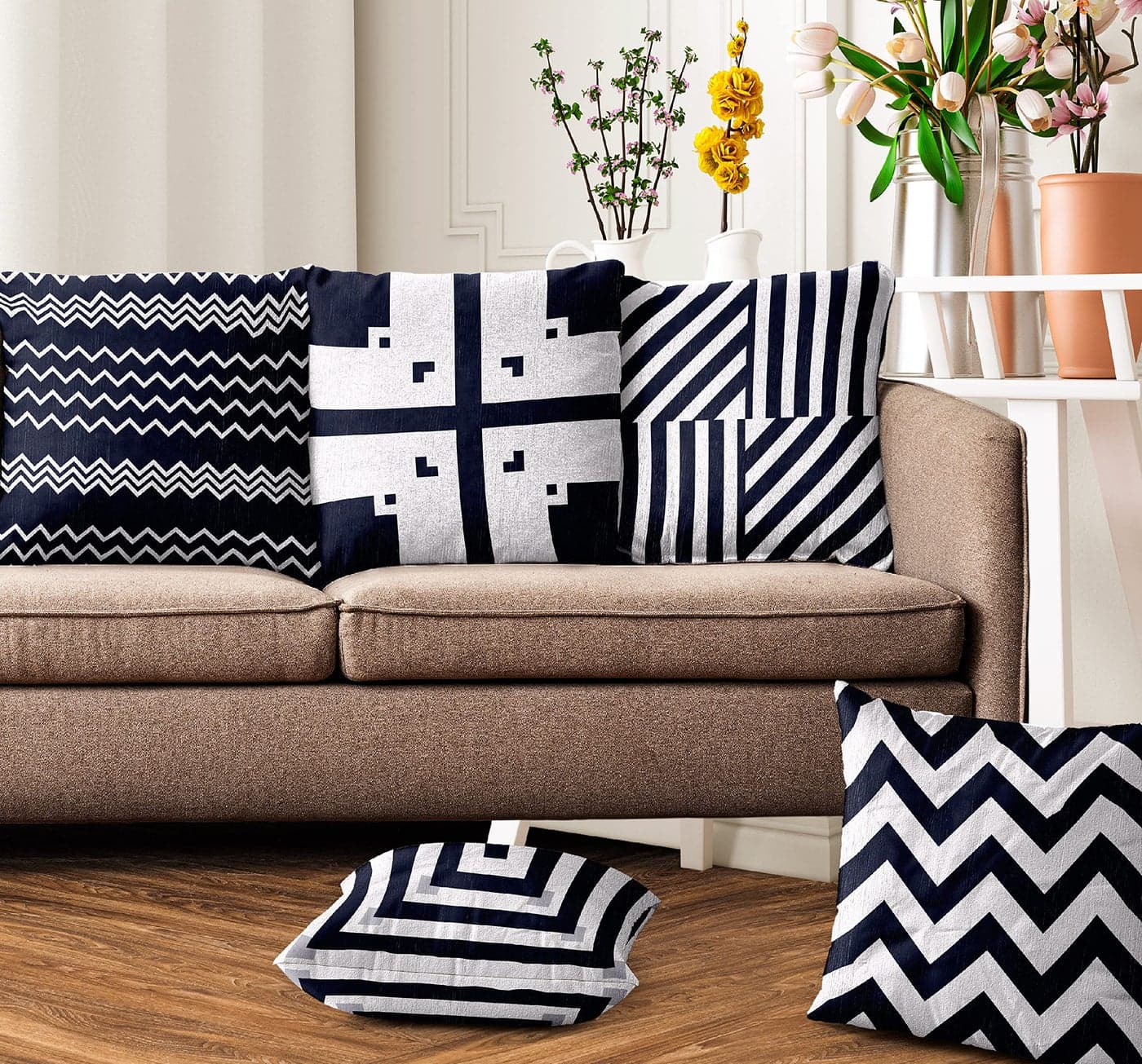Ultimate Trends Premium Polyester Digital Modern Printed Cushion Cover For Living Room Couch Bed Single Sofa Set Of 5 (16 X 16 Inches, Black & White), 200 TC
