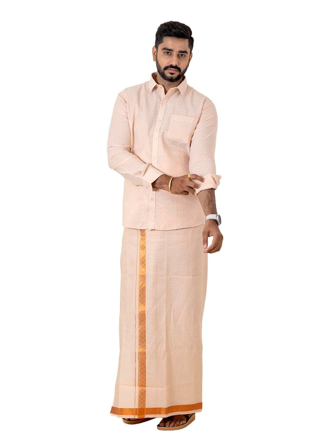 RAMRAJ COTTON Men Tissue Copper Shirt and Dhoti set|Ideal for Festival and Wedding Occassion