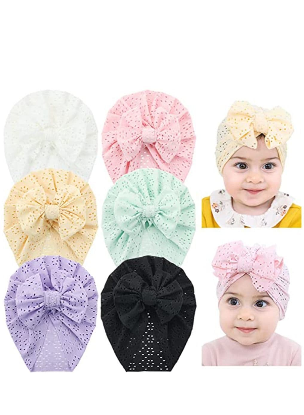 Breathable Soft Big Bow Turban Hats Beanie Caps Headwraps for Baby Girls Infants Toddlers Kids Toddler Cap Bun Knot 6 Pack