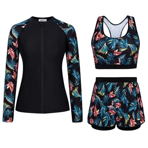 JASAMBAC Womens Swimsuits, 3 Piece Rash Guard for Women, UPF 50+ Modest Full Coverage Swimming Suits with Swim Shorts Black L