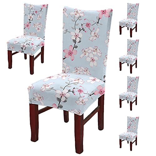BRIDA ® Polyester Spandex Stretchable Floral Printed Elastic Dining Chair Covers (Sky Blue Flowers, Back Height: Approx. 45-60cm Width: Approx. 38-48cm Chair Face Length: 38-48cm).