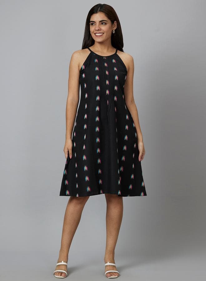Women Black Aztec Printed Cotton Strappy A-Line Knee-Length Dress