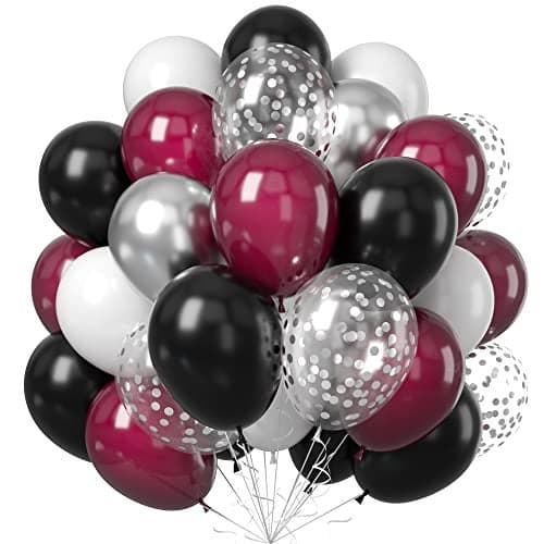 Balloons Burgundy Black Silver Wine Red Black Party Balloon Maroon Metallic Chrome Silver Balloons and Silver Confetti Helium Latex Balloons for Birthday Bridal Shower Wedding Party Decorations