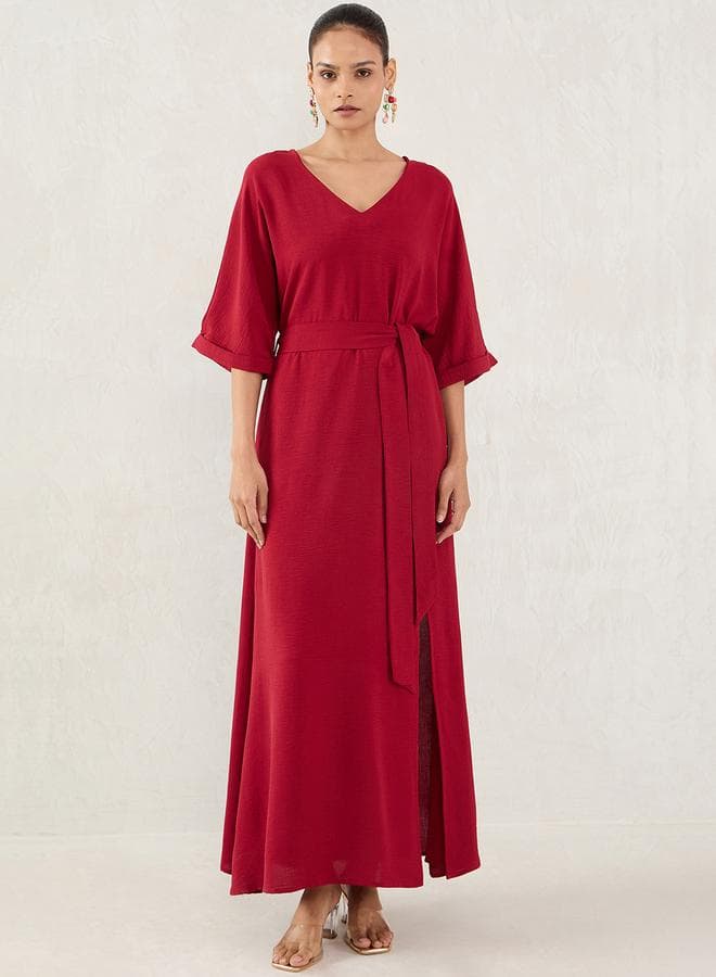 Femmella Maroon Solid V Neck A-Line Maxi Dress with Side Slit — M