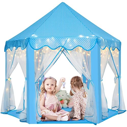 Monobeach Princess Castle Playhouse for Girls Large Kids Tent with Star Lights for Indoor Outdoor Play 55 x 53 DxH Blue Princess Tent with Little Star Lights