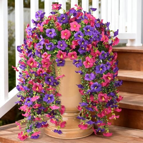 Artificial Hanging Flowers Plants for Outdoor Spring Summer Decoration, 2PCS Faux Silk Morning glory UV Resistant Look Real for Outside Home Indoor Planter Porch Garden Yard Decor(Deep Purple Red)