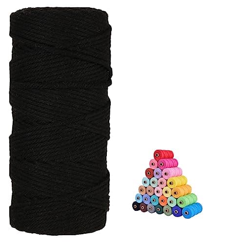 flipped 100% Natural Macrame Cotton Cord,3mm x109 Yard Twine String Cord Colored Cotton Rope Craft Cord for DIY Crafts Knitting Plant Hangers Christmas Wedding Décor (Black, 3mm*109yards)