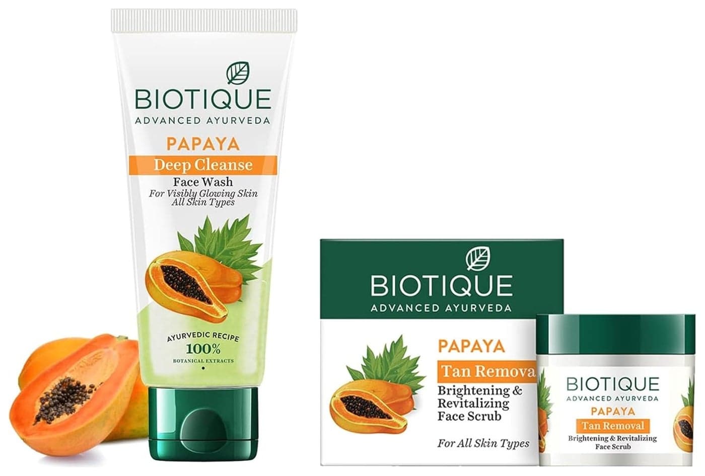 Biotique Bio Papaya Visibly Flawless Skin Face Wash For All Skin Types 150ml And Biotique Bio Papaya Revitalizing Tan Removal Scrub 75g