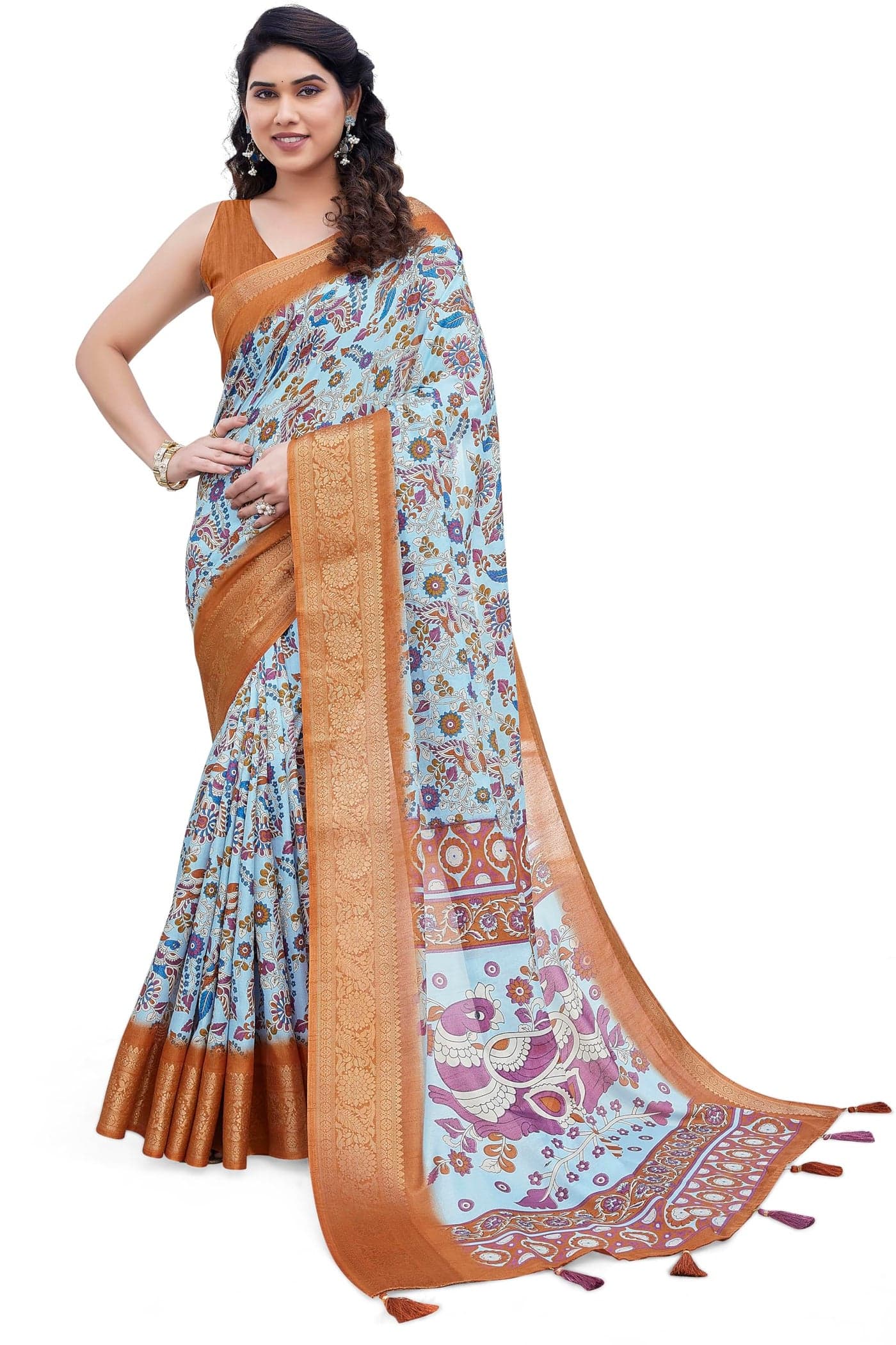 MIRCHI FASHION Ready to Wear 1 Min Drape Pocket Saree for Women || Silk Blend Kalamkari Printed Design Sari with Blouse Piece (49425 - Light Blue, Rust)