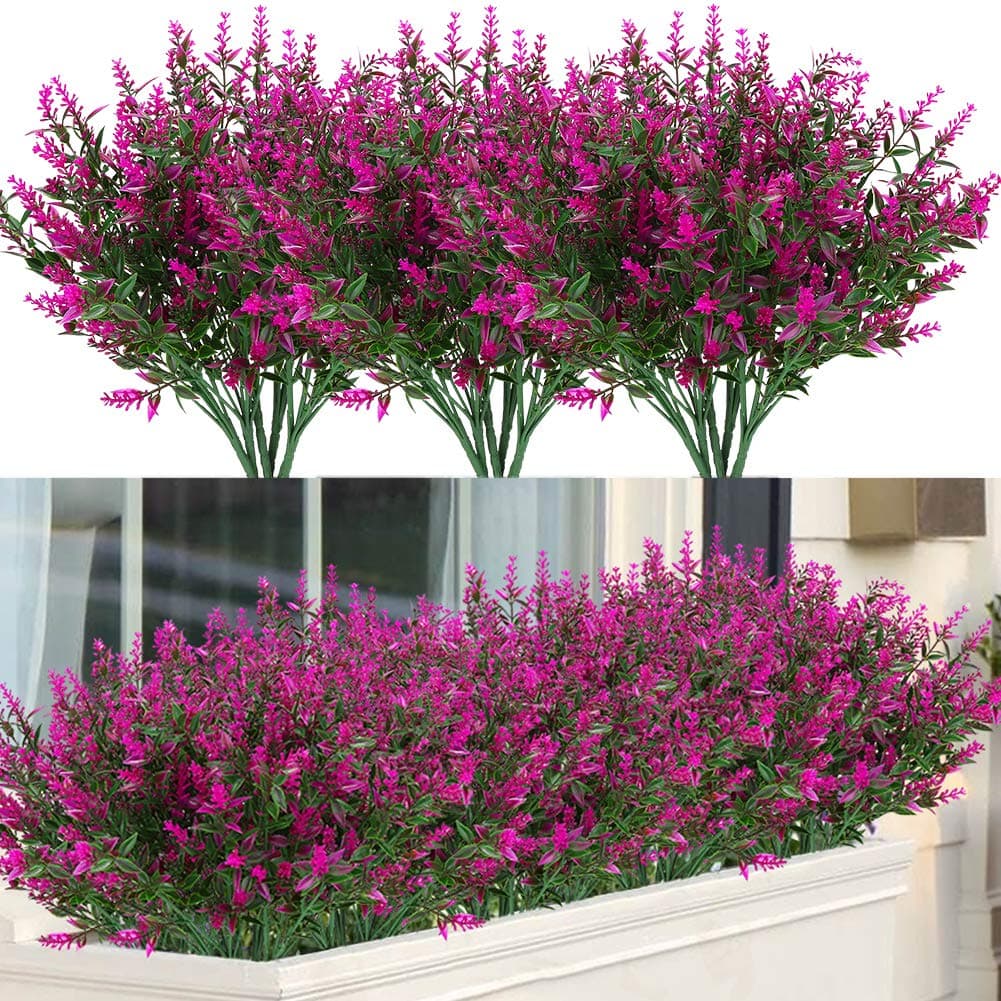 ArtBloom 24 Bundles Outdoor Artificial Lavender Fake Flowers UV Resistant Shrubs Plants No Fade Faux Plastic Greenery for Hanging Plants Garden Porch Window Box Home Wedding Farmhouse Decor Fuchsia