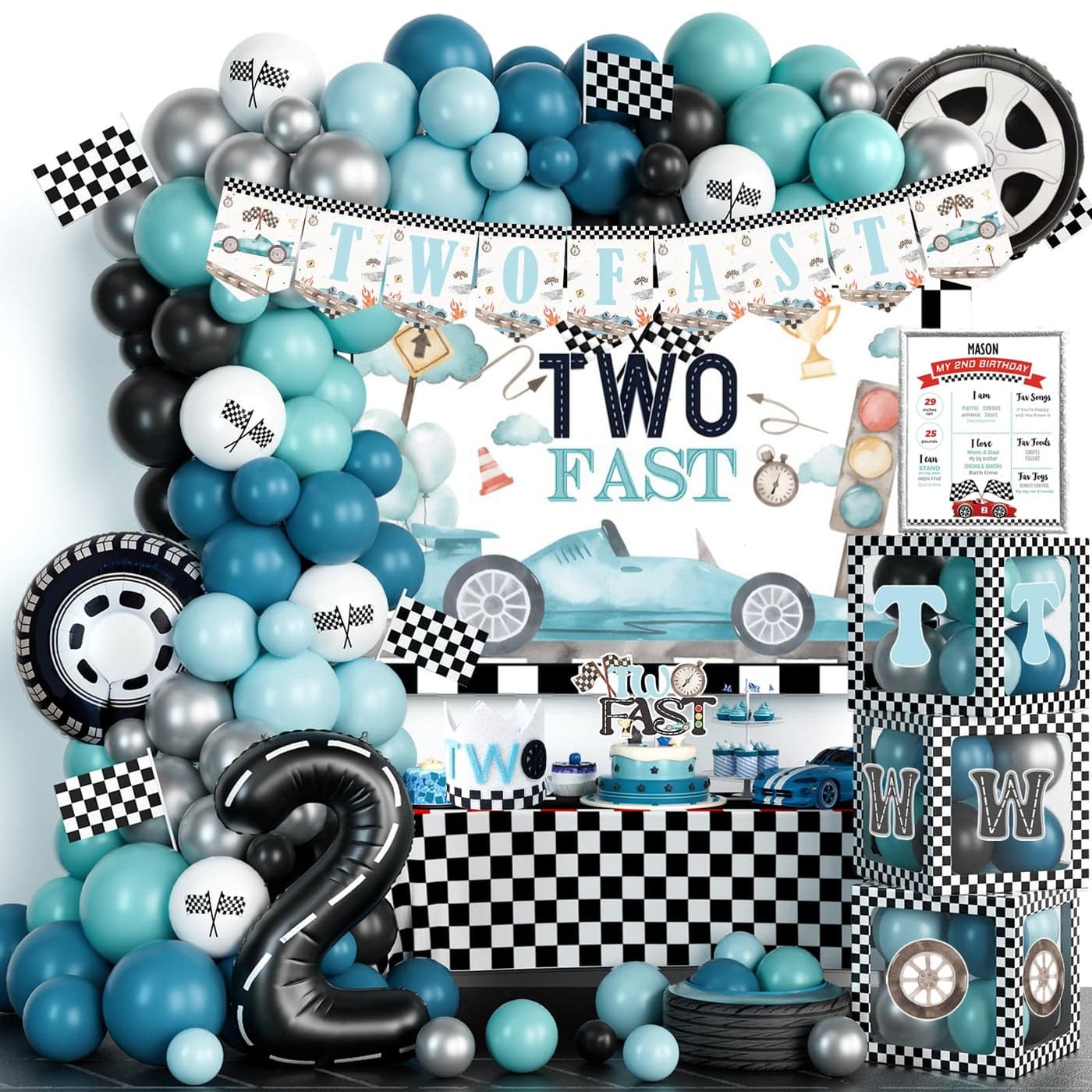 Fiesec Two Fast Birthday Decorations 131 PCs Racing Car Themed Birthday Party Supplies with Balloon Garland Two Fast Backdrop Number 2 Foil Balloon Tablecloth Banner Cake Topper