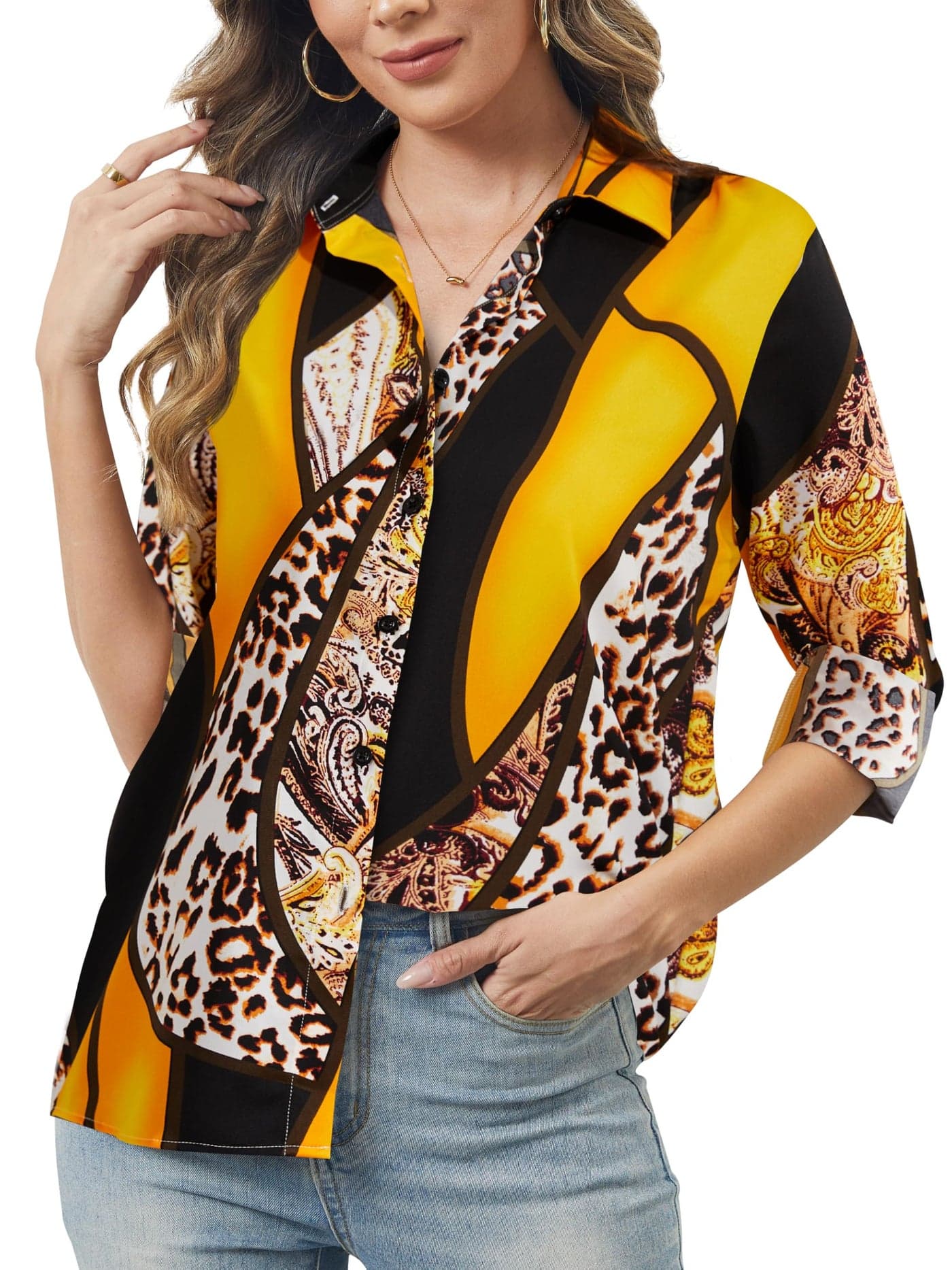 hearain Womens Casual Tops Button Down Long Sleeve Shirts Trendy Dressy Casual Print Blouses Gold Black Size M
