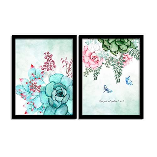 PAINTINGMANTRA Set of 2 Blue Green Tropical Plant Matte Art Print, Painting For Home Décor, Paintings with Frame for Living Room(13.5 Inch X 17.5 Inch Each)