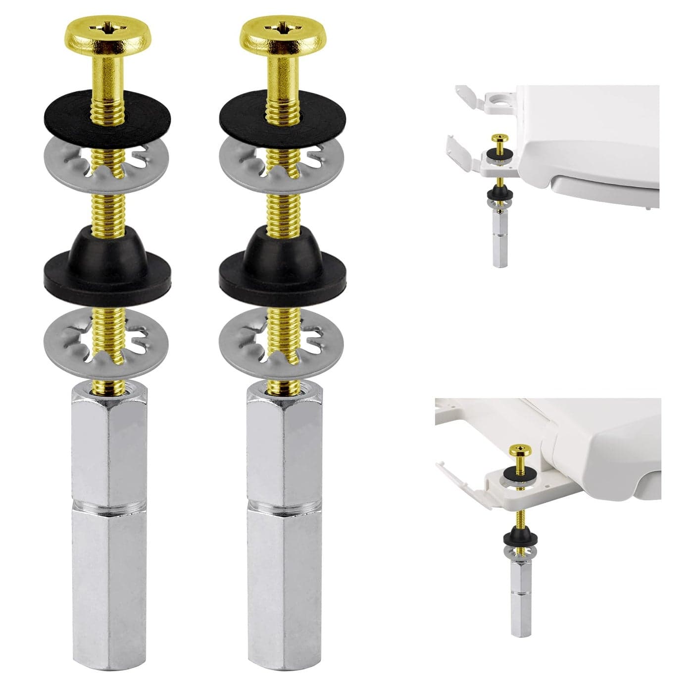 Hibbent 2 PCS Universal Toilet Seat Bolts Kit Heavy Duty Solid Brass Toilet Bolts with Extra Long Stainless Steel Downlock Nuts Rubber Washers Gaskets Easy to Install Bathroom Toilet Repair Screw