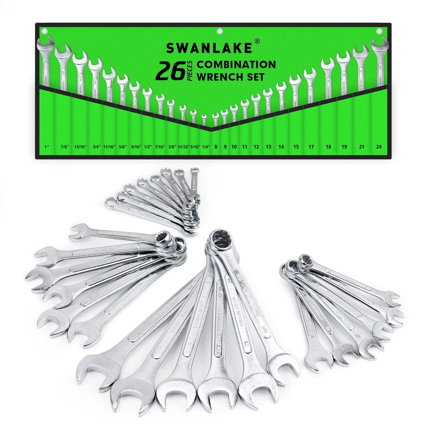 SWANLAKE 26PCS Combination Wrench Set with Roll-up Pouch, wrench set metric and standard, SAE 1/4” - 1” and Metric 8mm - 24mm
