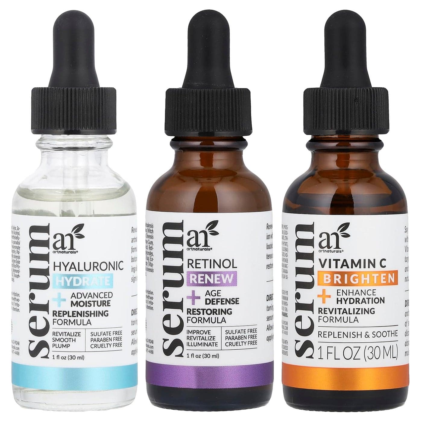 artnaturals AntiAgingSet with VitaminC Retinol and HyaluronicAcid 3 x 1 Fl Oz 30ml Serum for Anti Wrinkle and Dark Circle Remover All Natural and Moisturizing1 Fl Oz Pack of 3